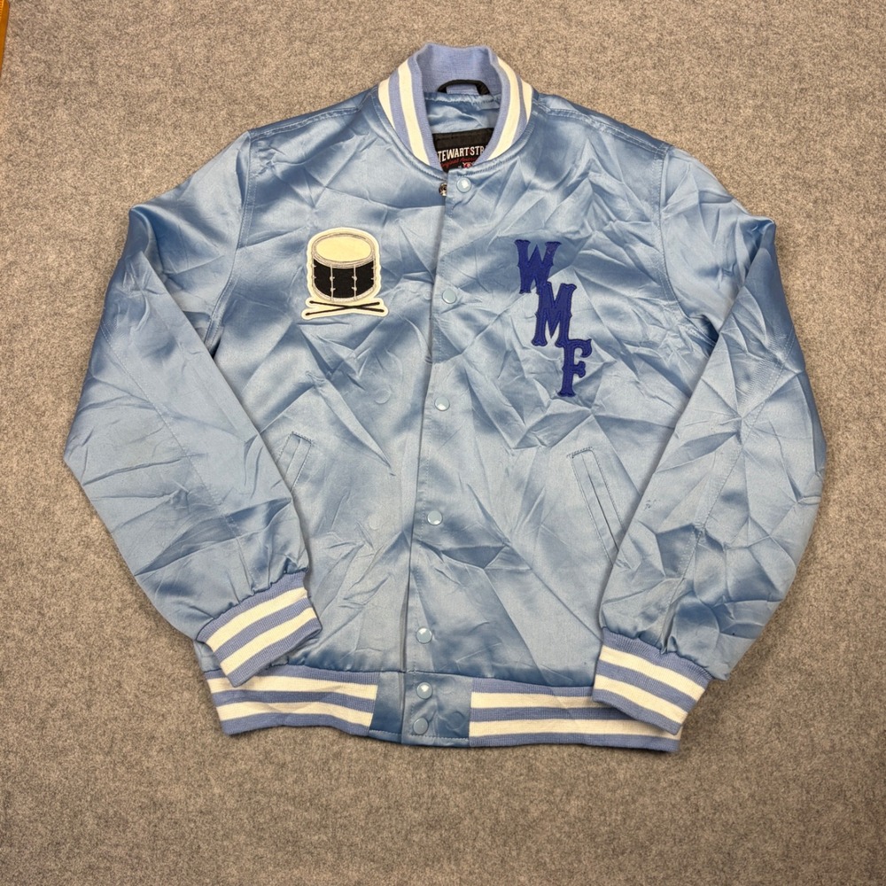 Stewart & Strauss Light Blue Satin Varsity Bomber Jacket WMF Drum Patch Mens M